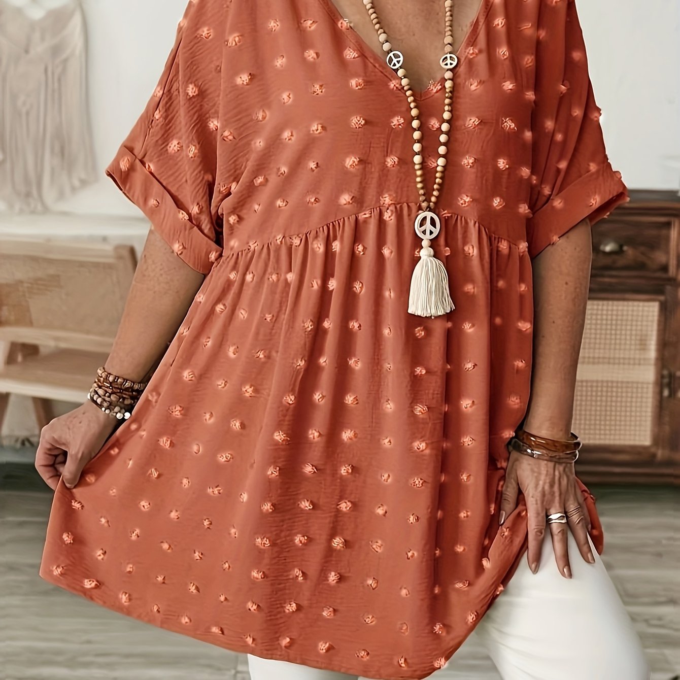 Women's Plus Size V-Neck Batwing Sleeve Blouse Stretchy Polyester Black White Dot