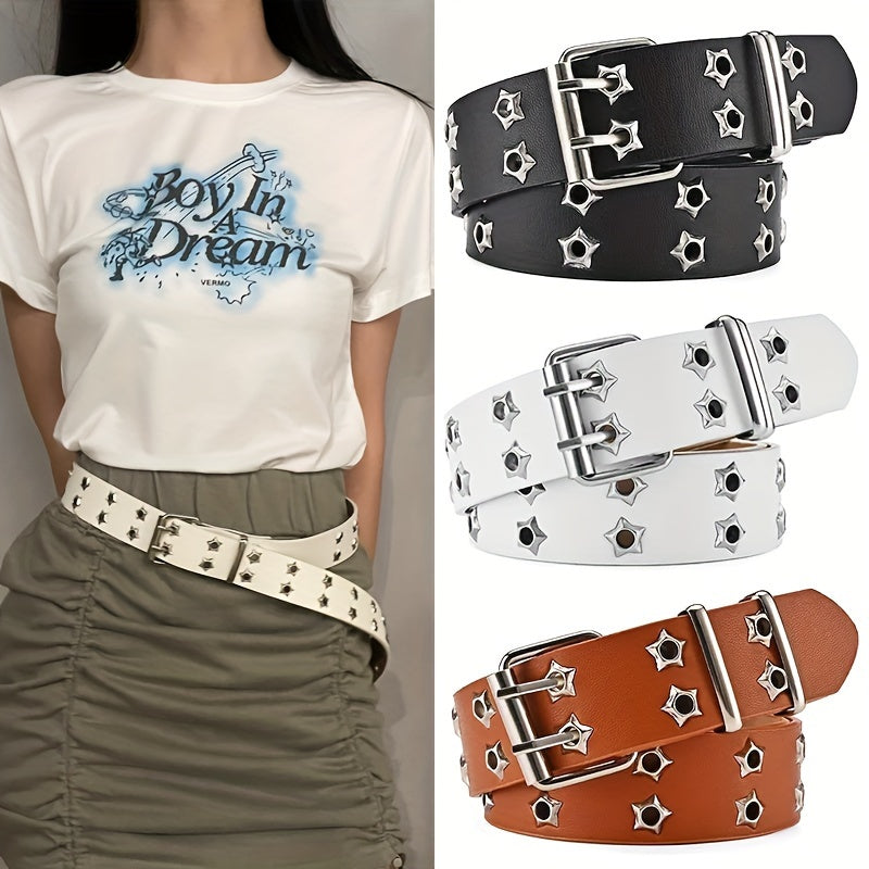 Unisex Party Belt with Double Pin Buckle and Star Eyelet Design