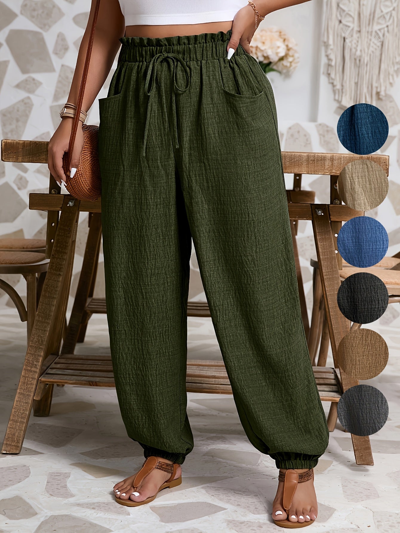 Women's Gray Harem Pants with Tie Waist and Ruffled Cuffs Polyester