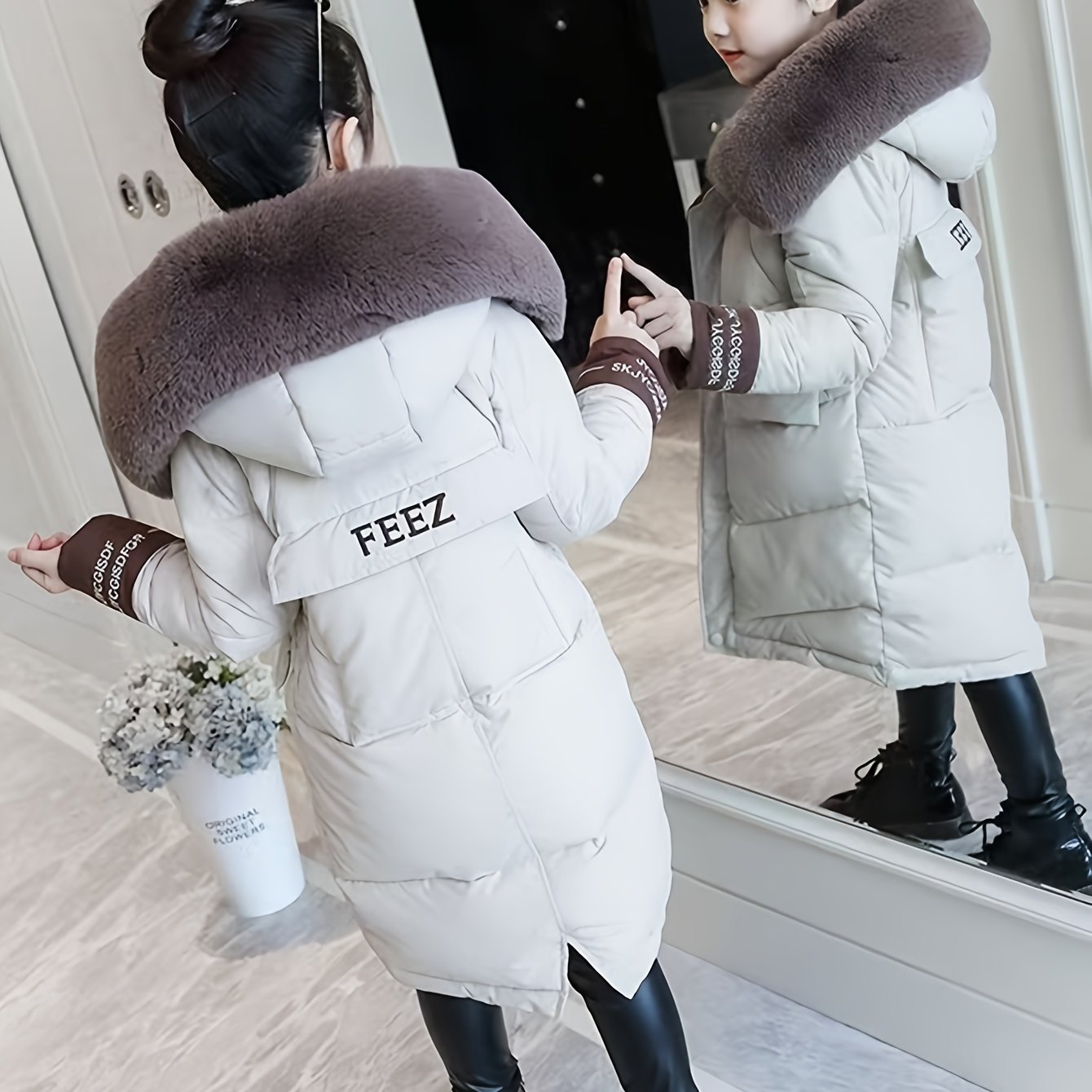 Girls Winter Puffer Coat with Faux Fur Hood Embroidered Alphabet Skinny Fit