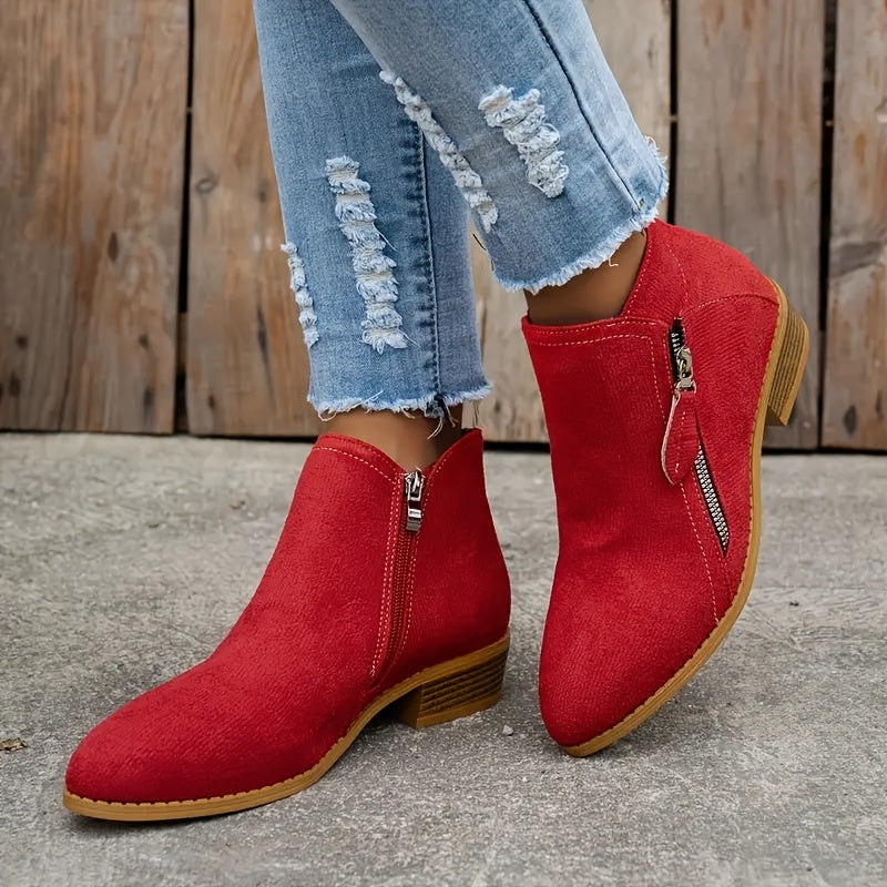 Women's Velvet Low Heel Ankle Boots with Side Zipper Casual Shoes
