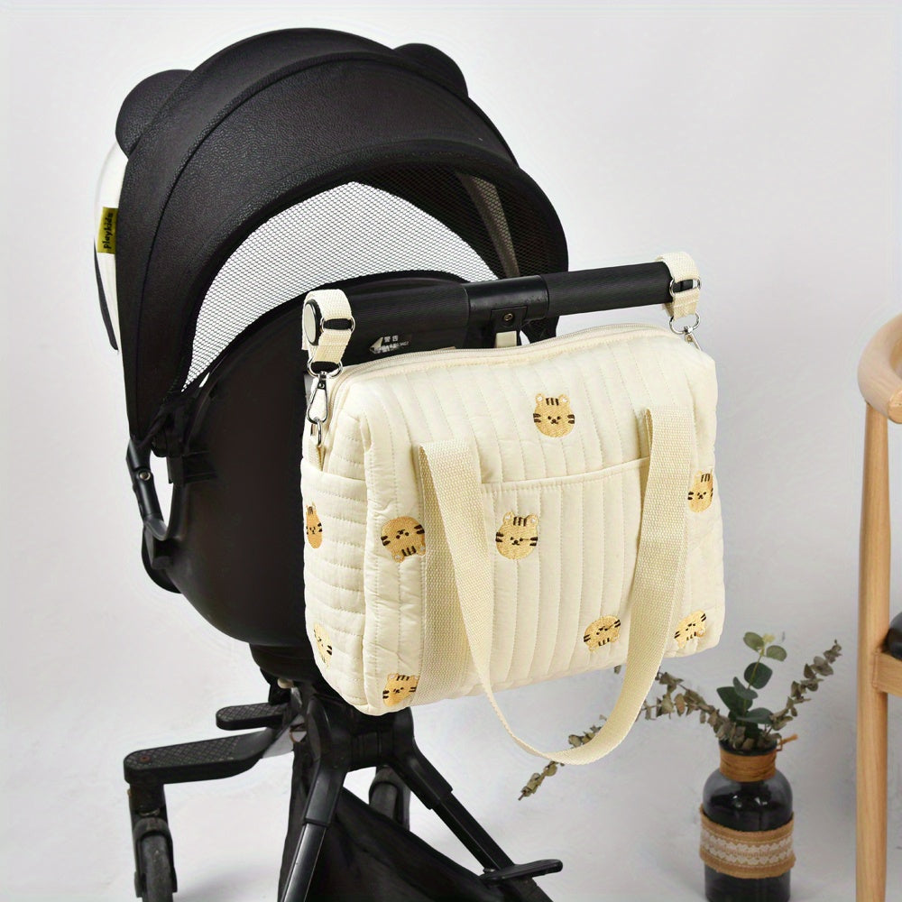 Spacious Embroidered Diaper Bag with Milk Bottle Organizer Multi-Functional Baby Stroller Hanging Bag
