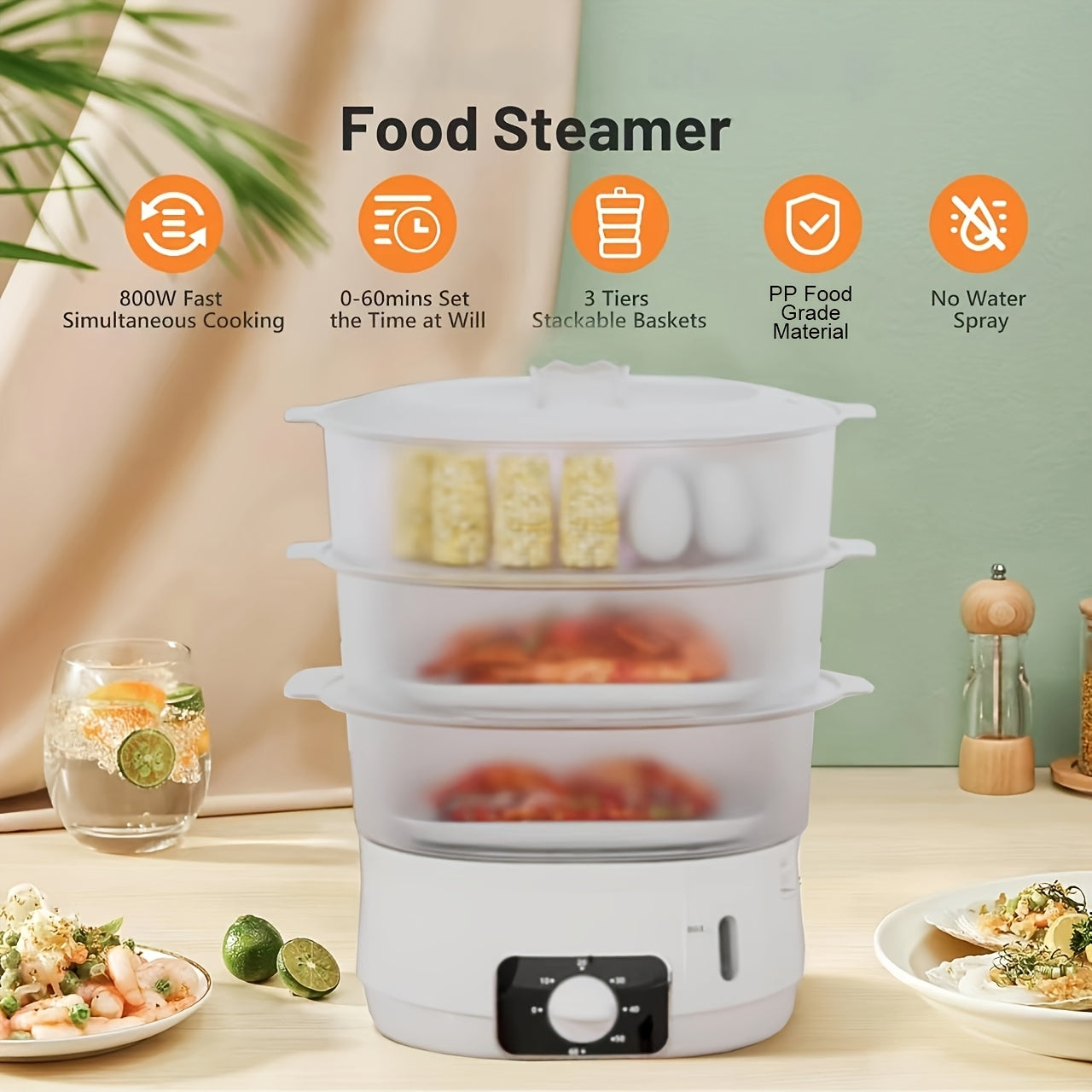 3-tier transparent steamer 13L capacity detachable pot 800W energy-saving