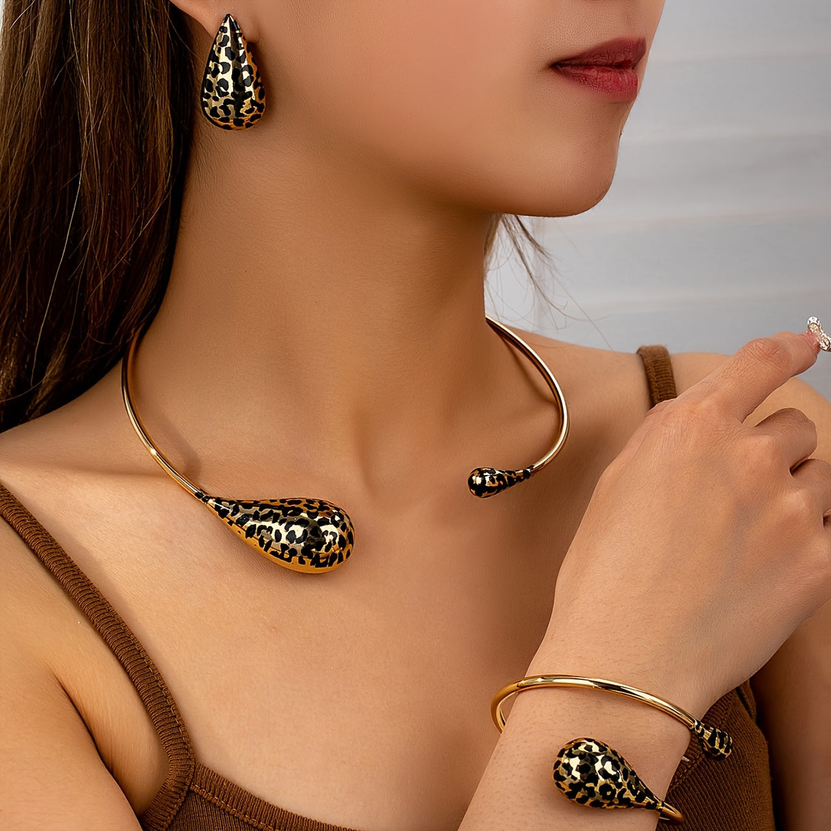 Women's Leopard Print Jewelry Set with Collar Bangle and Stud Earrings