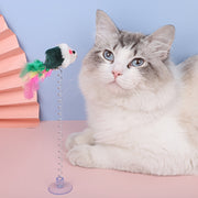 Cat Teaser Toy with Suction Cup Base Elastic Spring and Feathered Fish Attachment for Cats