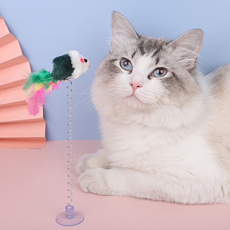 Cat Teaser Toy with Suction Cup Base Elastic Spring and Feathered Fish Attachment for Cats