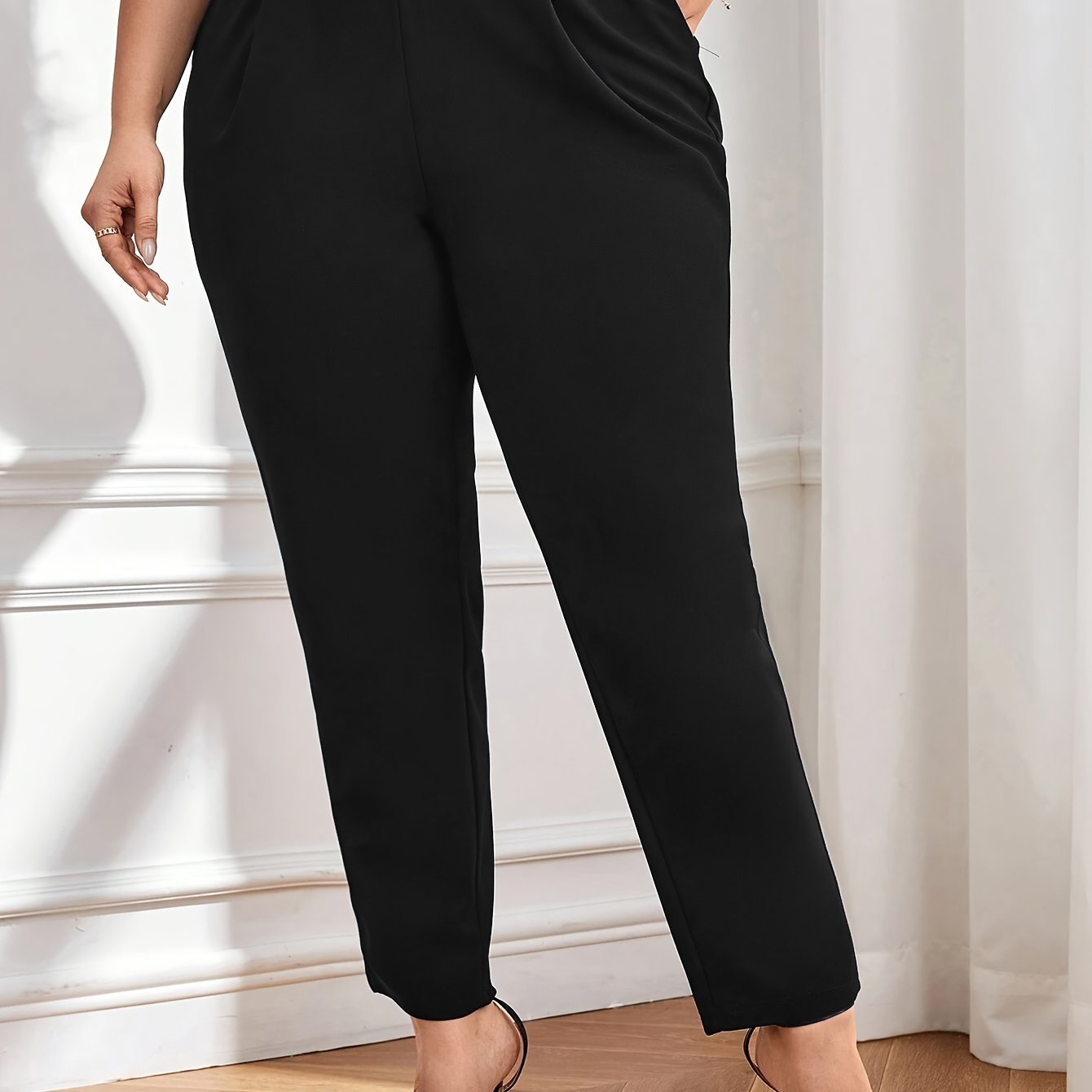 Women Plus Size Elastic Waist Slim Trousers with Slant Pockets