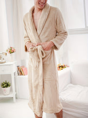 Men's Fleece Robe with Pockets Long Sleeve Casual Lounge Solid Polyester