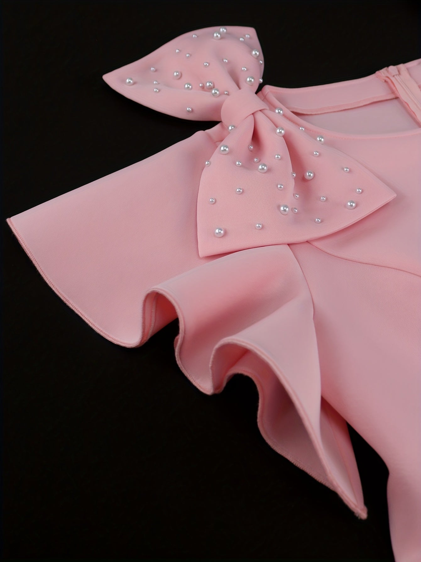 Women's Pink Midi Party Dress Flare Sleeve Beaded High-Low Hem