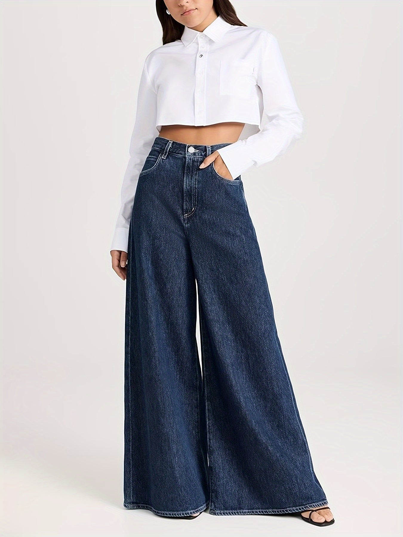 Women's Wide Leg Denim Jeans High-Waisted Solid Color Washed Finish All-Season Medium Stretch
