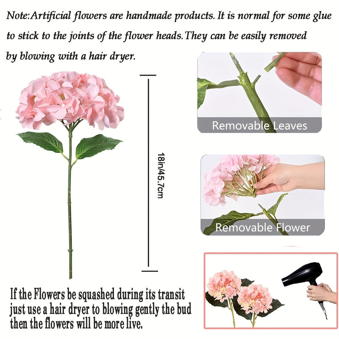 4-Pack Artificial Hydrangeas 18 Inch Real Touch Indoor Outdoor Flowers