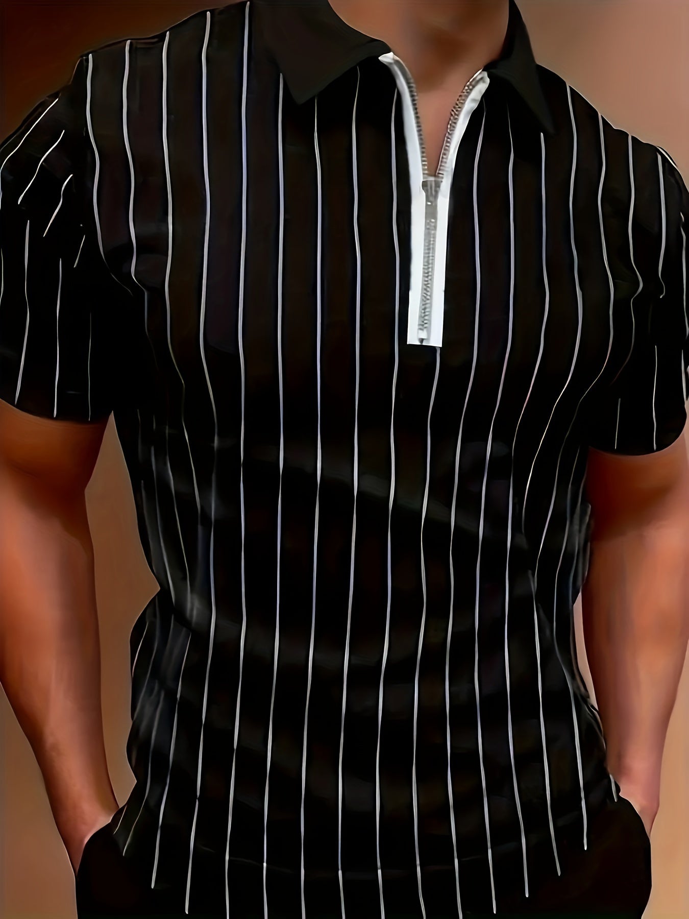 Men's Casual Black and White Stripe Baseball Shirt with 3D Print for Business Casual