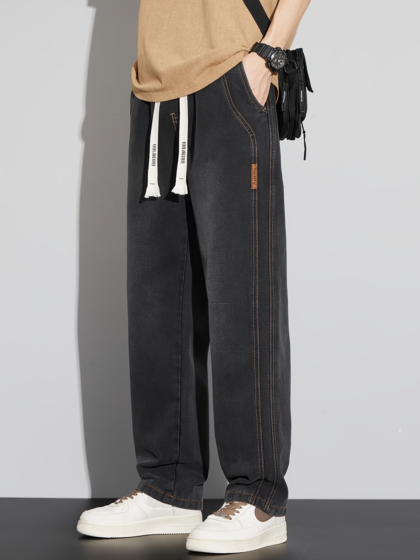 Men's Casual Denim Jeans Loose Fit Mid Waist Drawstring All-Season Cotton Blend Solid Color