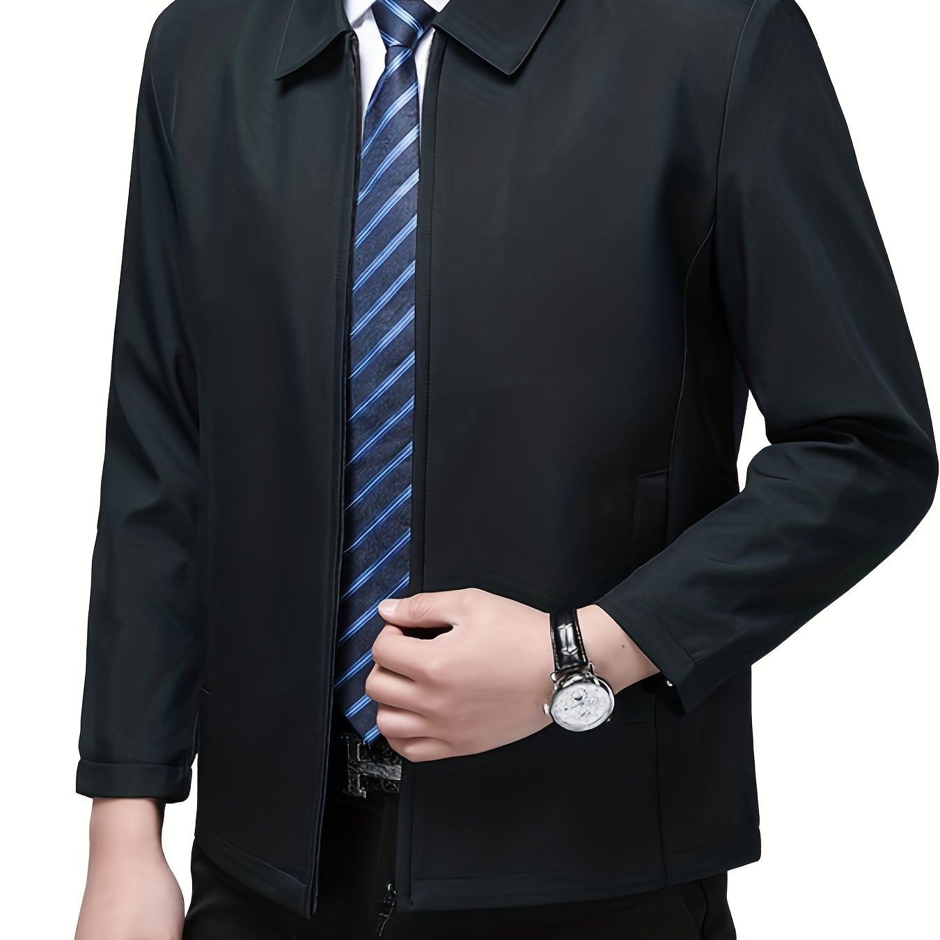Men's Waterproof Polyester Business Casual Jacket with Zipper and Lapel Collar