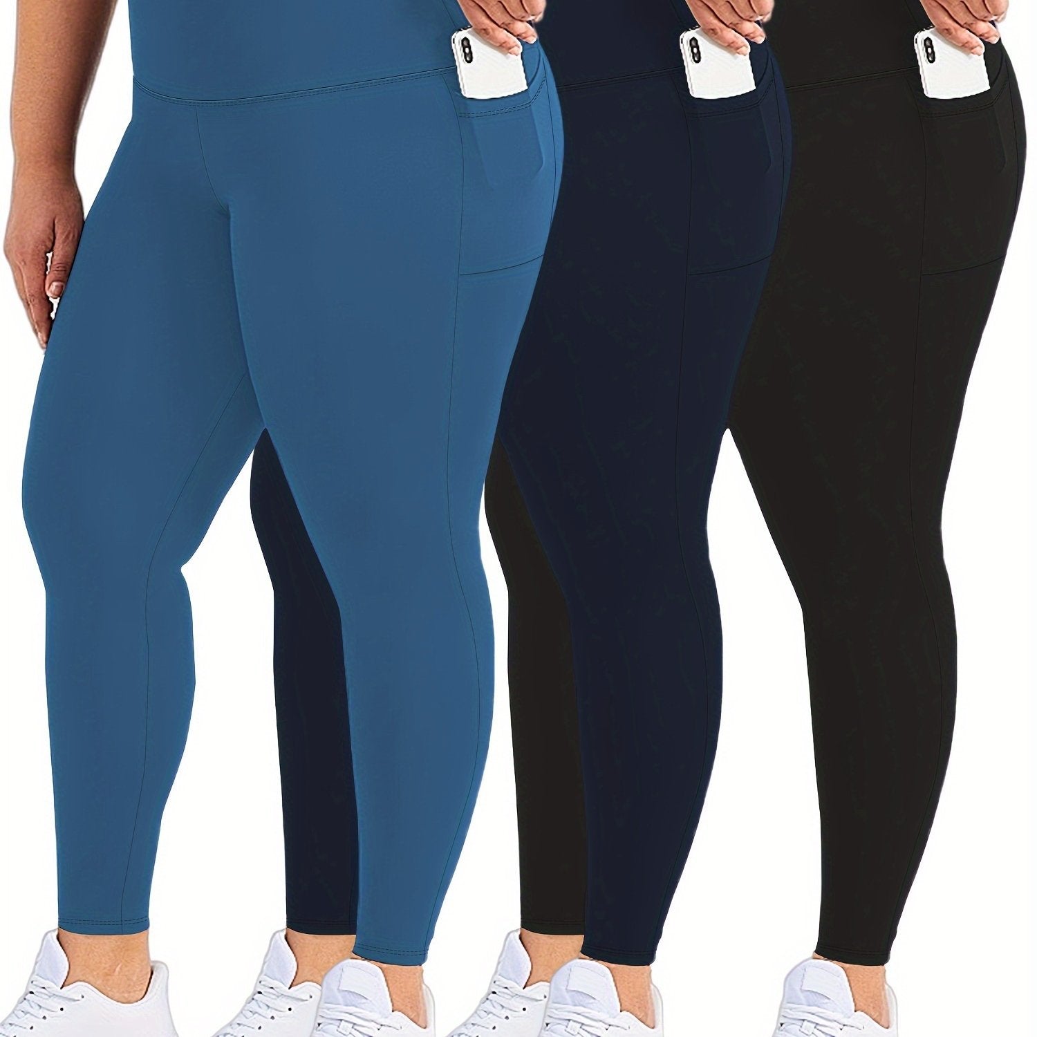 Plus Size Womens Black Pockets High Waisted Tummy Control Leggings Set