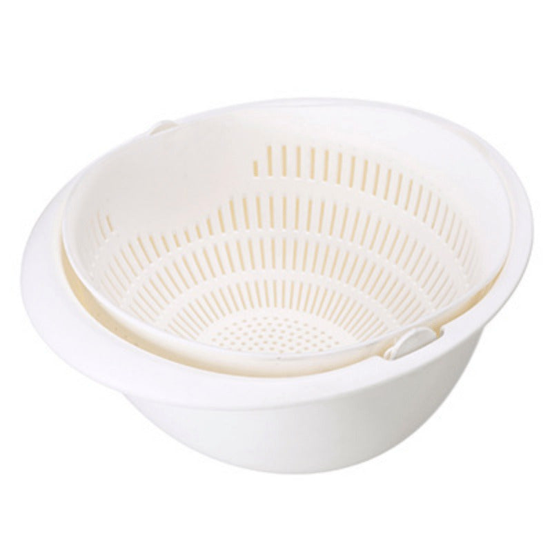 Single piece colander with two-tiered draining basket rotating plastic strainer reusable washing basket for kitchen