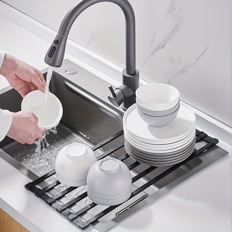 Yengil saqlash uchun egiladigan alyuminiy idish quruq rack - samarali idish yuvish uchun oshxona cho'kmasi, plastinkalar, idishlar va asboblar uchun drenaj savatni o'z ichiga oladi, idishlarni quritish va oshxonada joyni tejash uchun ideal.