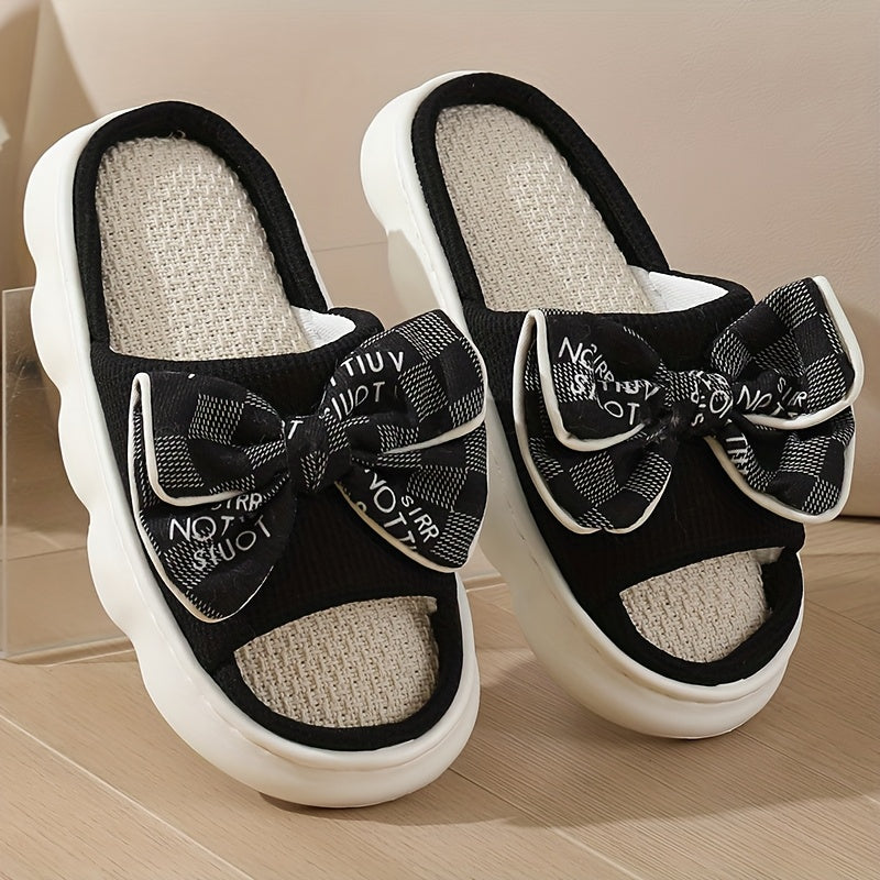 Women’s Slip-On Slippers with Bow, Cushioned EVA Sole, Indoor Outdoor, Black White