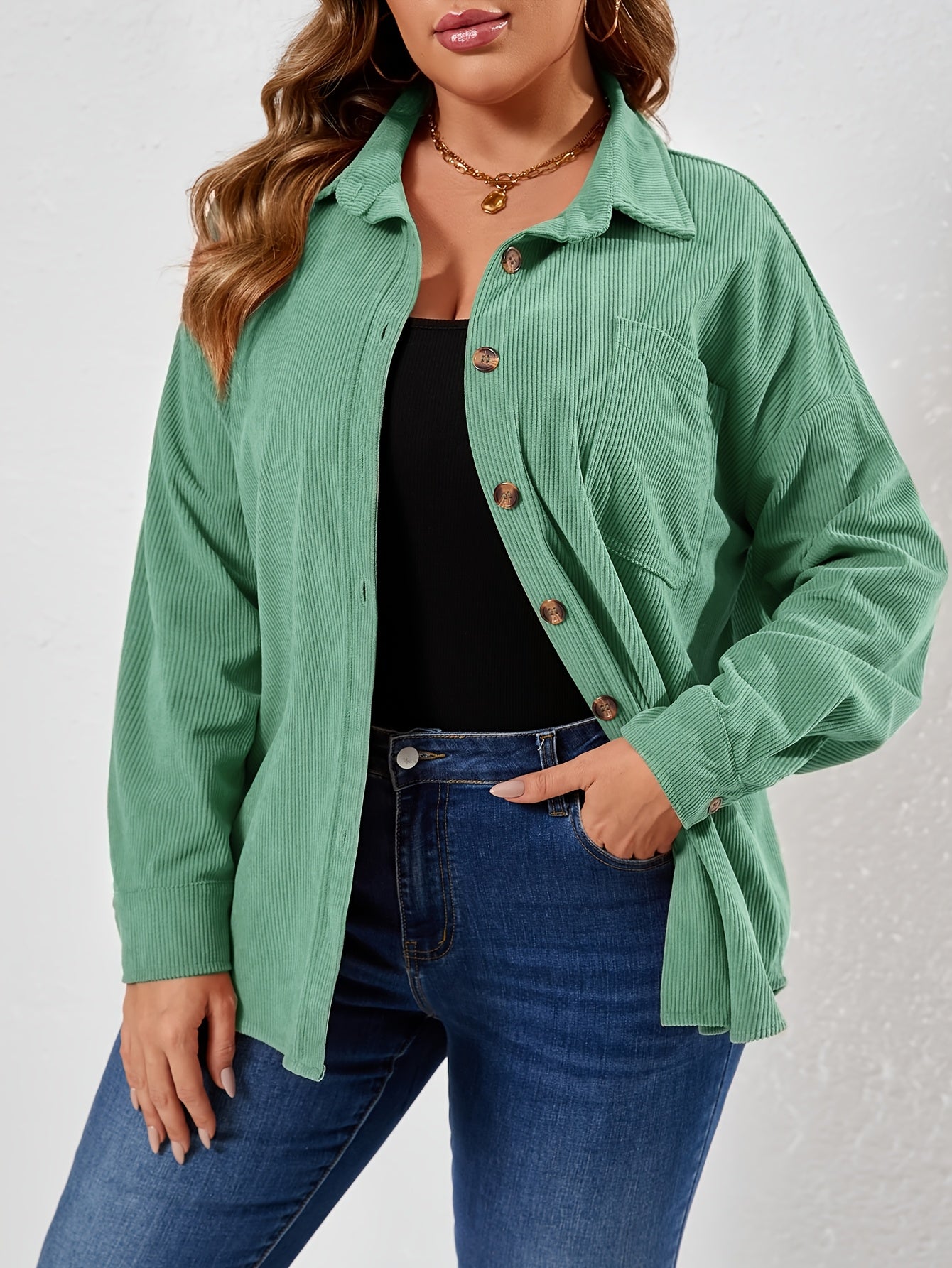 Plus Size Women's Corduroy Button-Up Shirt Long Sleeve Solid Polyester
