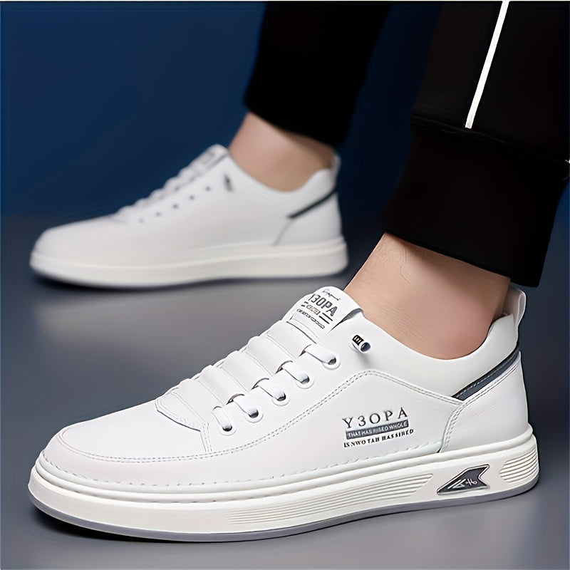Men's White Low-Top Casual Sneakers with Rubber Sole Non-Slip Lace-Up