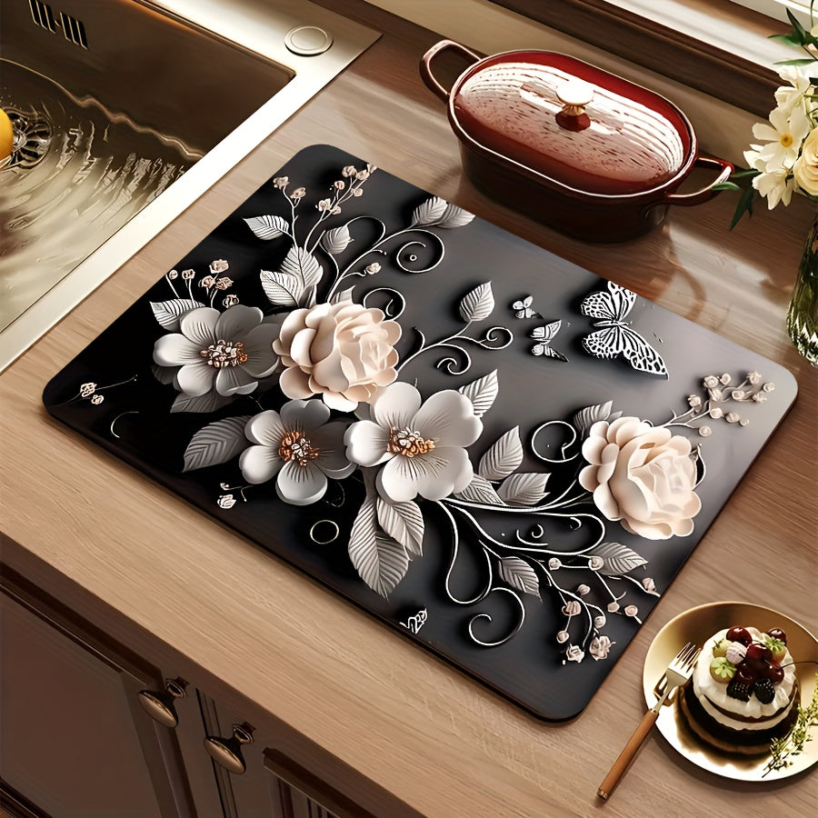 Полиэстеровый кухонный коврик с праздничным 3D дизайном розы - противоскользящий, быстро сохнущий поднос для посуды - идеально подходит для Рождества, Хэллоуина, Дня благодарения - защищает ваш домашний декор и стол, отлично подходит для домашних животных