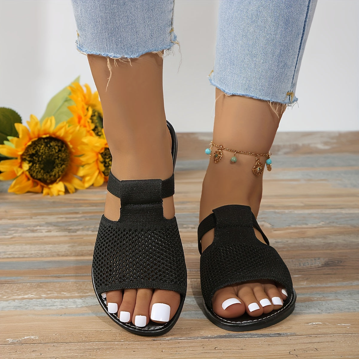 Women Knitted Flat Sandals Comfortable Lightweight Beach Shoes Summer