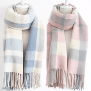 Stylish British-Inspired Plaid Scarf Set for Couples Warm Winter Shawls Blue White Pink