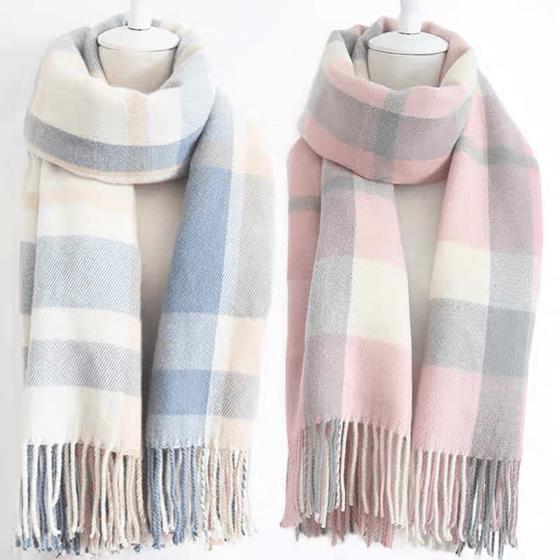 Stylish British-Inspired Plaid Scarf Set for Couples Warm Winter Shawls Blue White Pink