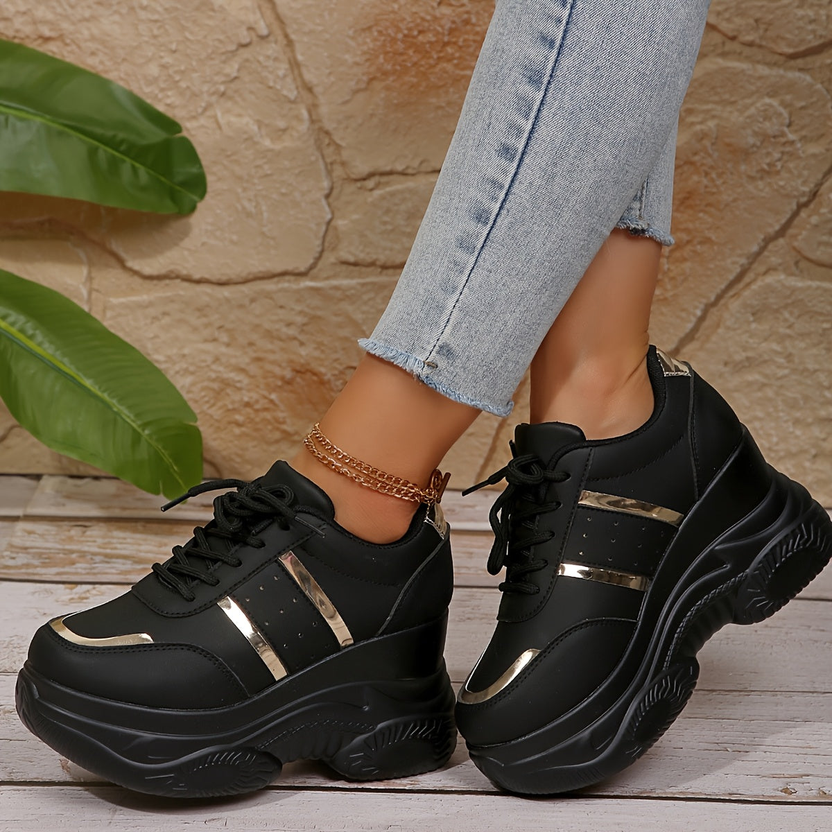 Women Breathable Chunky Sneakers Black and Gold Low-Top Casual Shoes