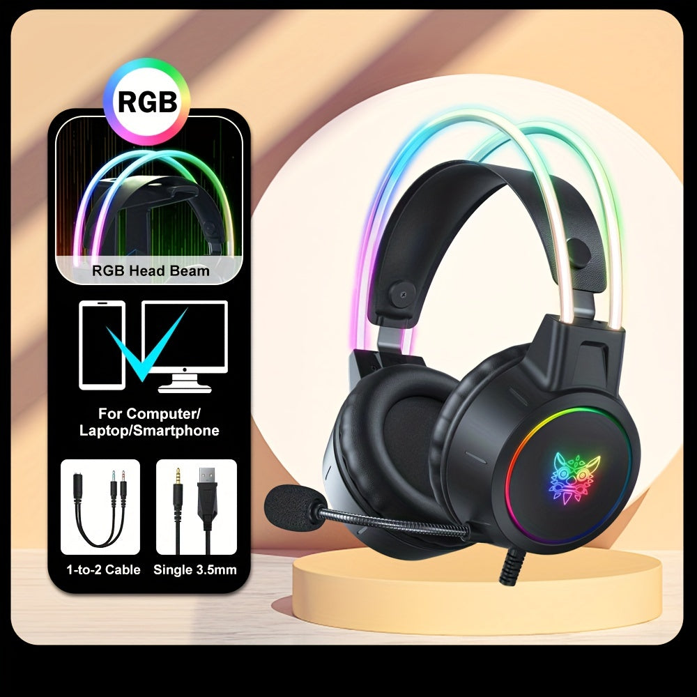 RGB Gaming Headset Noise Cancelling Surround Sound Wired with Detachable Microphone for PC and Laptop