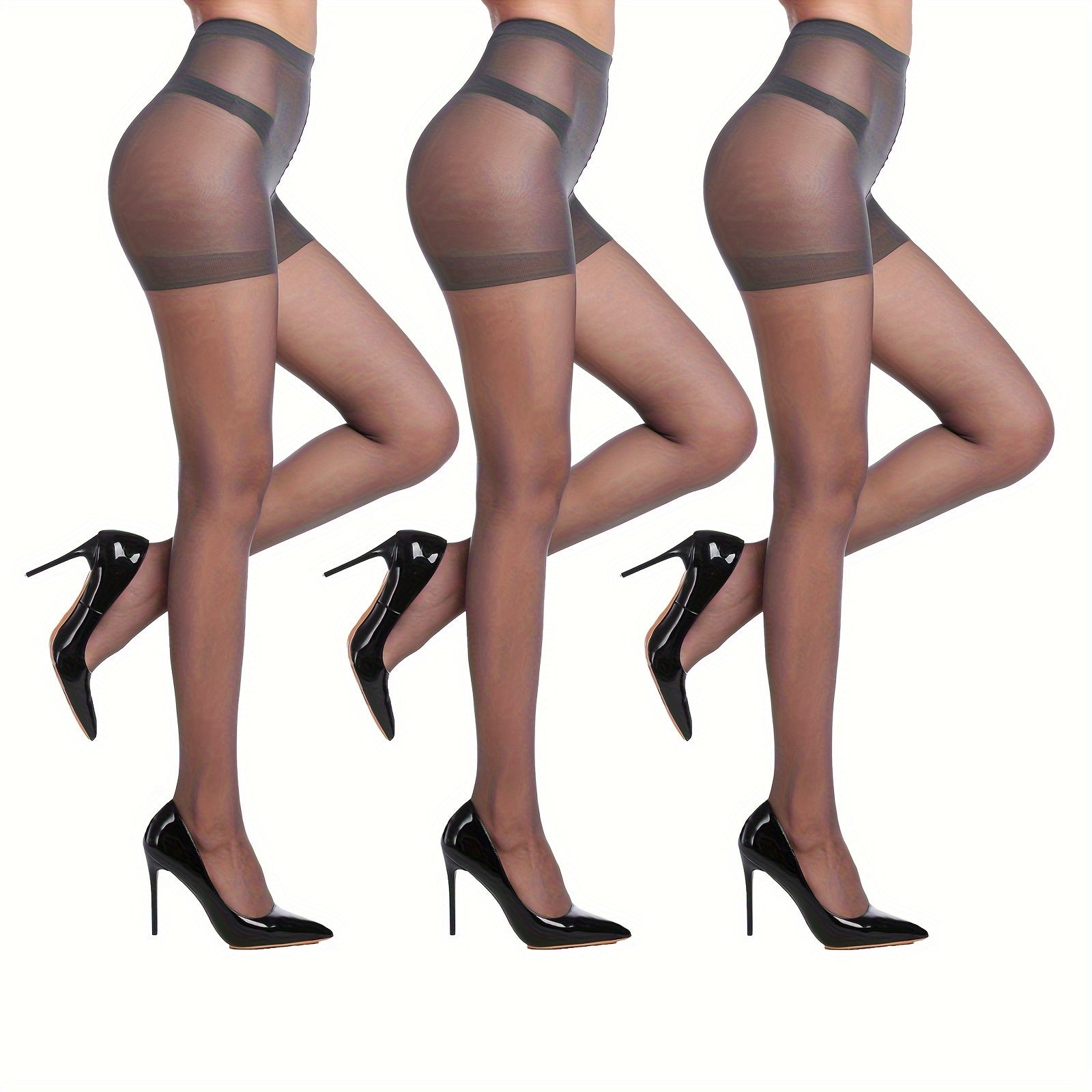 Women's Sheer Control Top Pantyhose 3 Pack High Waist Tummy Control Black Mesh Overlay