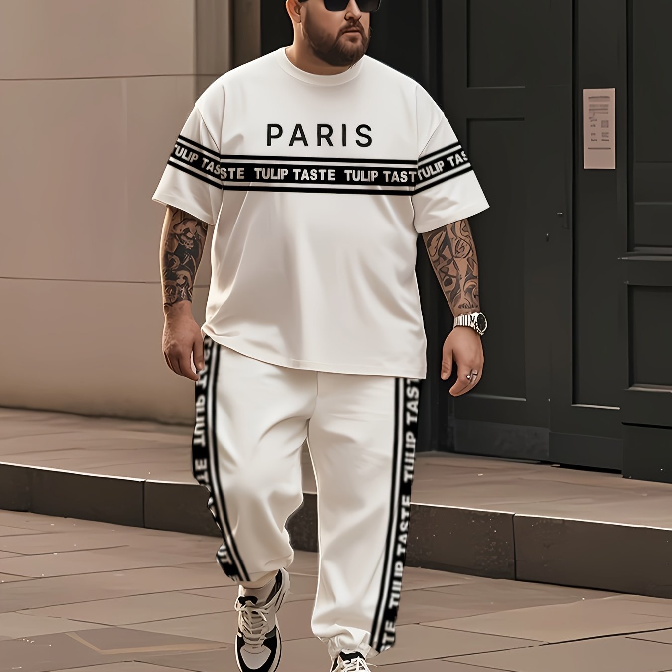 Plus Size Men's Urban Style Black and White Striped T-Shirt and Pants Set for Summer Streetwear