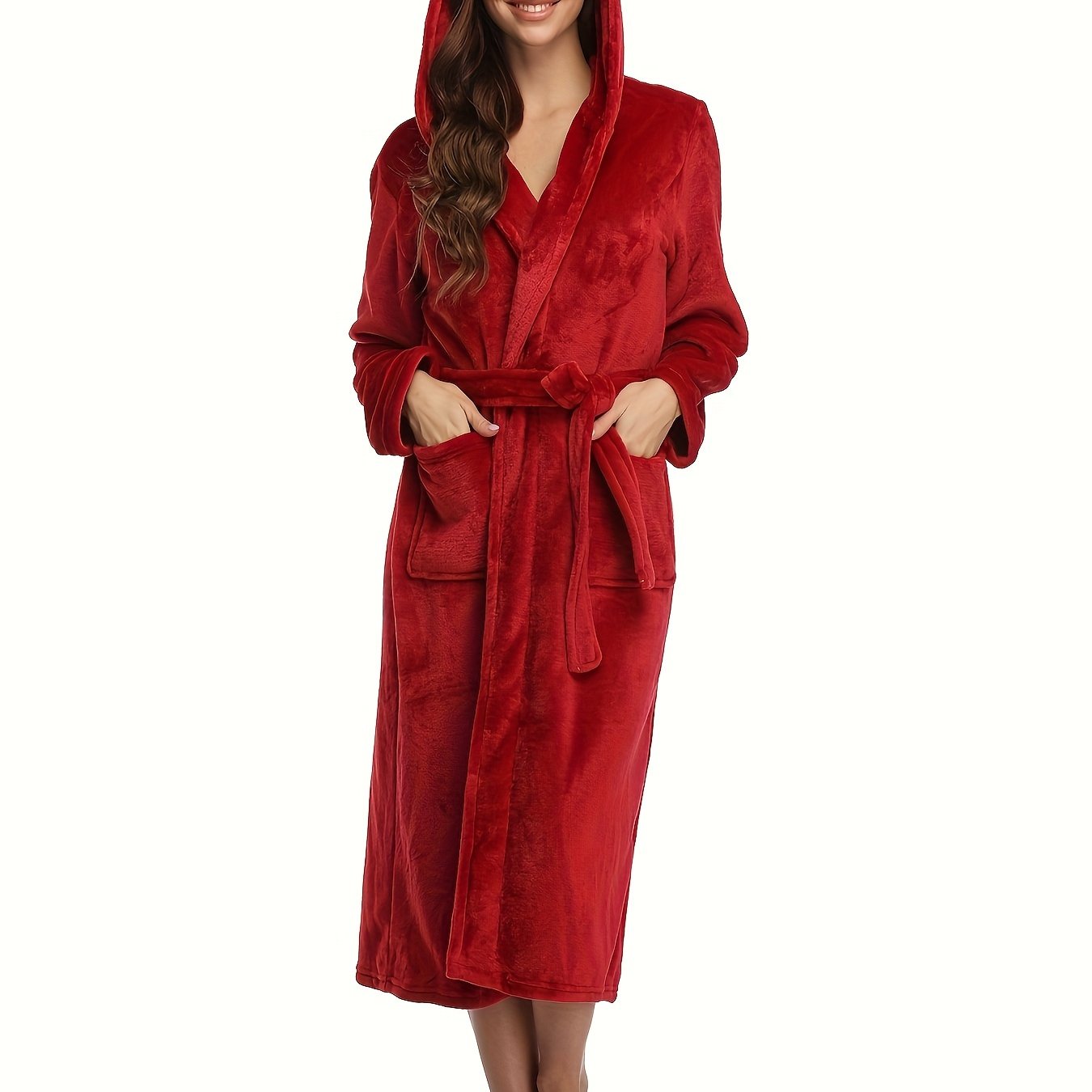 Ayollar uchun uyqu kiyimlari uchun uzun yengli, kapuchonli, belbog'li va cho'ntakli yumshoq tunika.