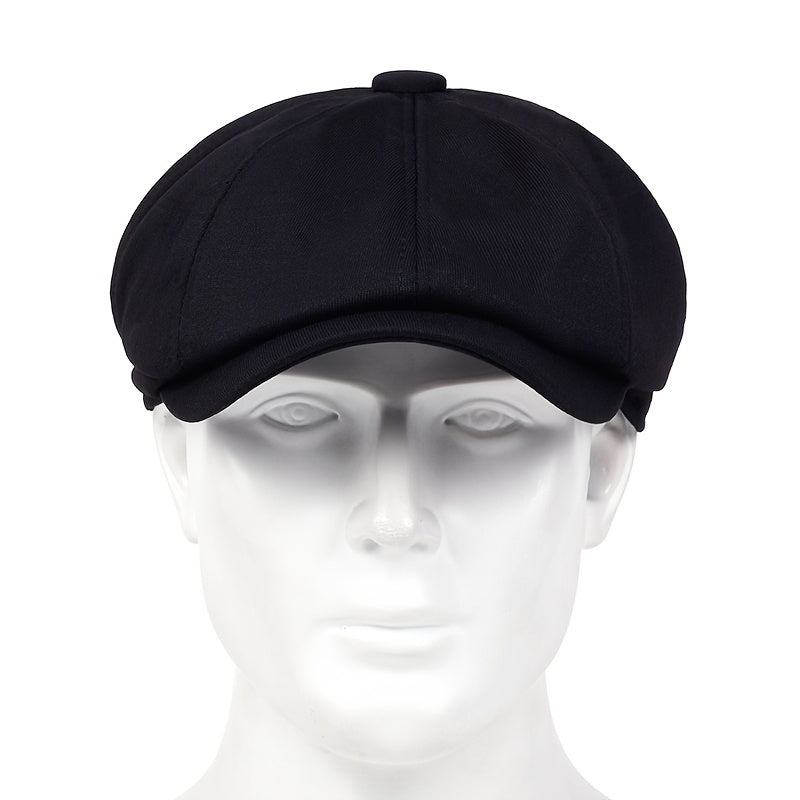 Men's Black Polyester Beret Hat with Adjustable Strap and Metal Buckle for Fall Winter Casual Wear