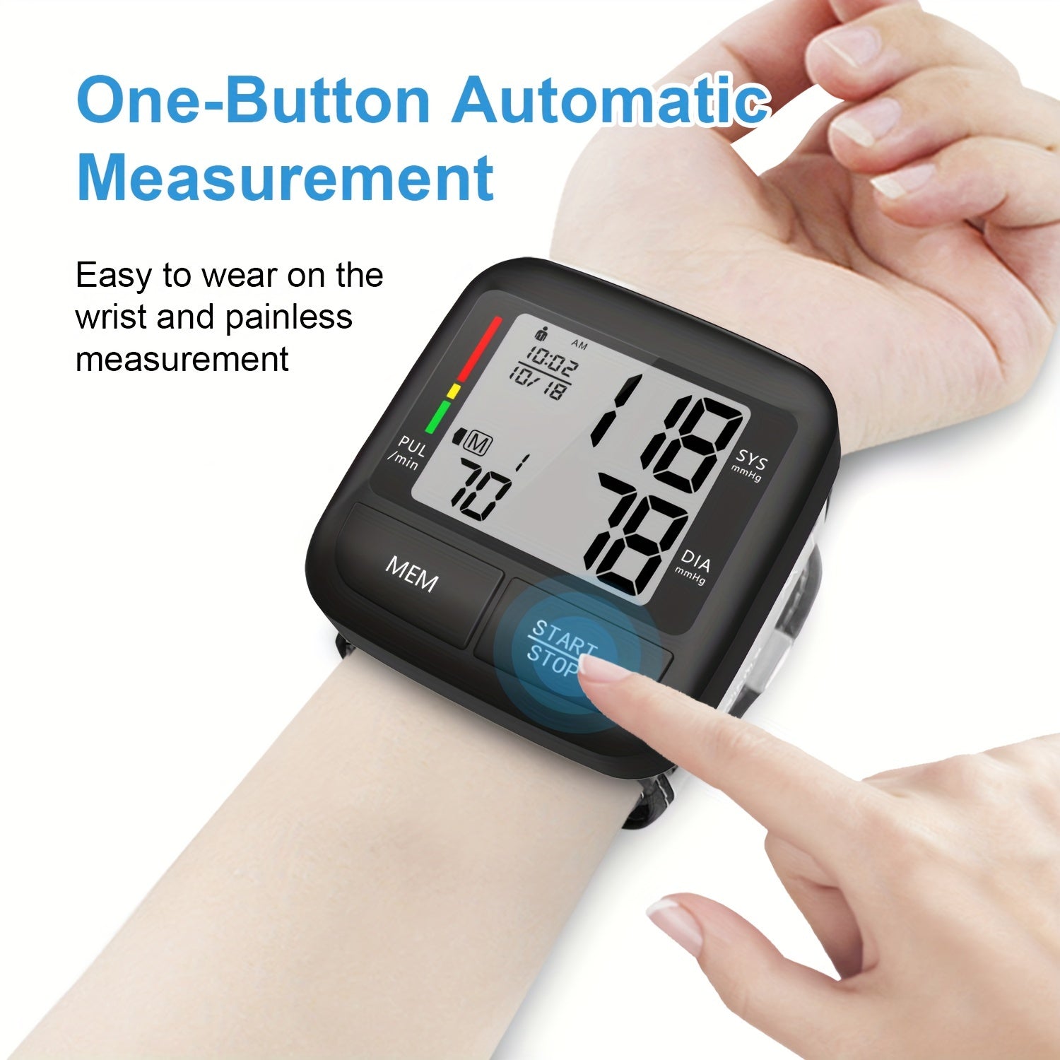 Portable Wrist Blood Pressure Monitor with Large LCD Display Automatic Digital Device with Wrist Strap