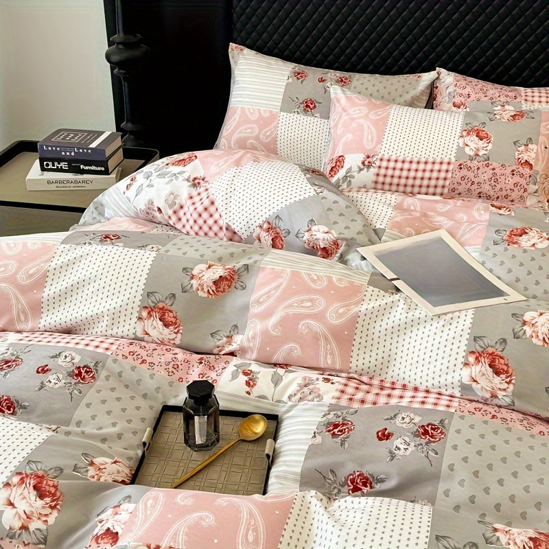 Pink Patchwork Quilt Cover Set Microfiber Soft Bed Decor with Pillowcases