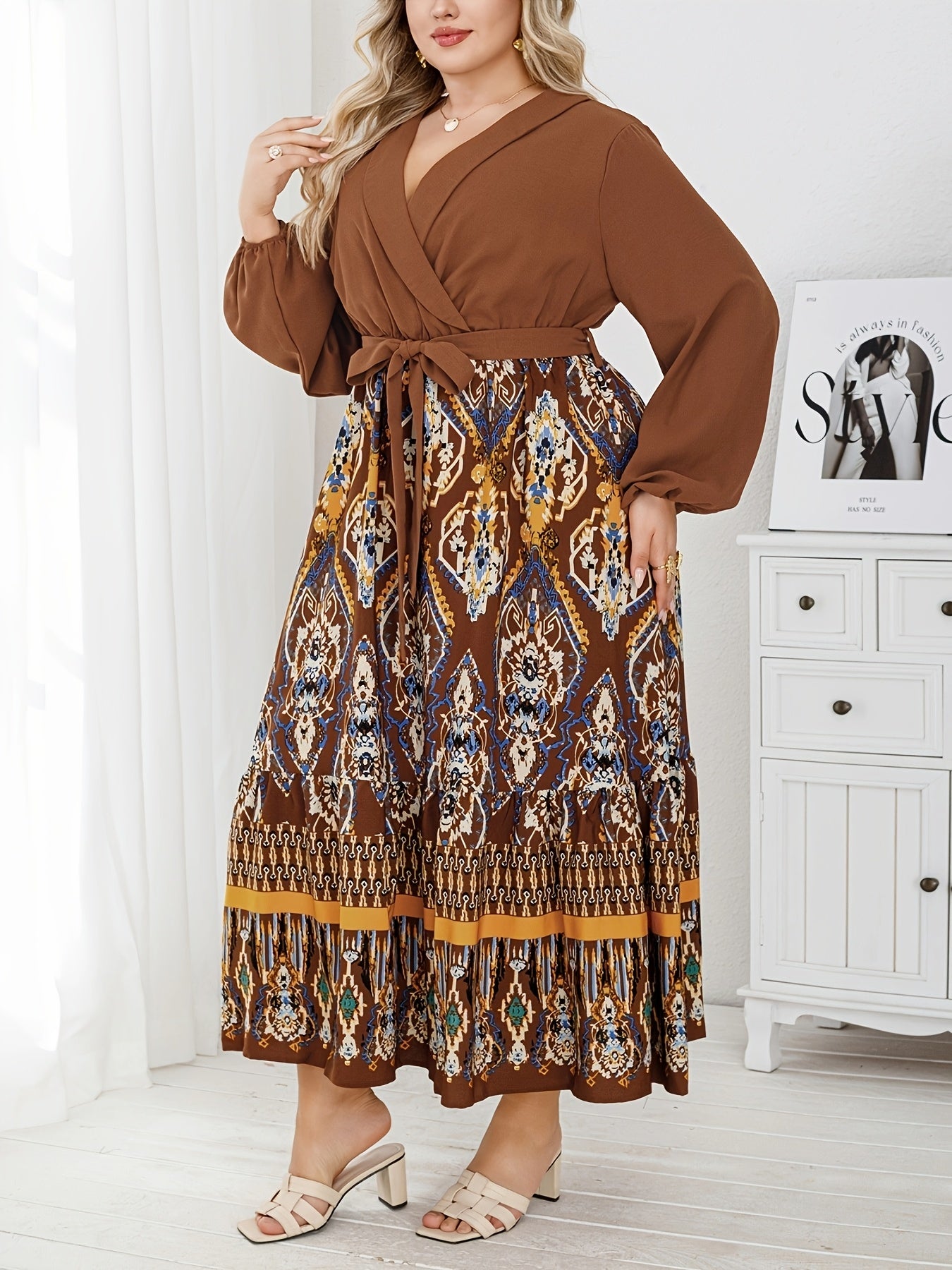 Vestido túnica de talla grande para mujer con escote en V, poliéster, para todas las estaciones, con cinturón de tejido