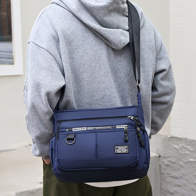 Men's Black Nylon Casual Shoulder Bag with Multiple Pockets for Business and Daily Use