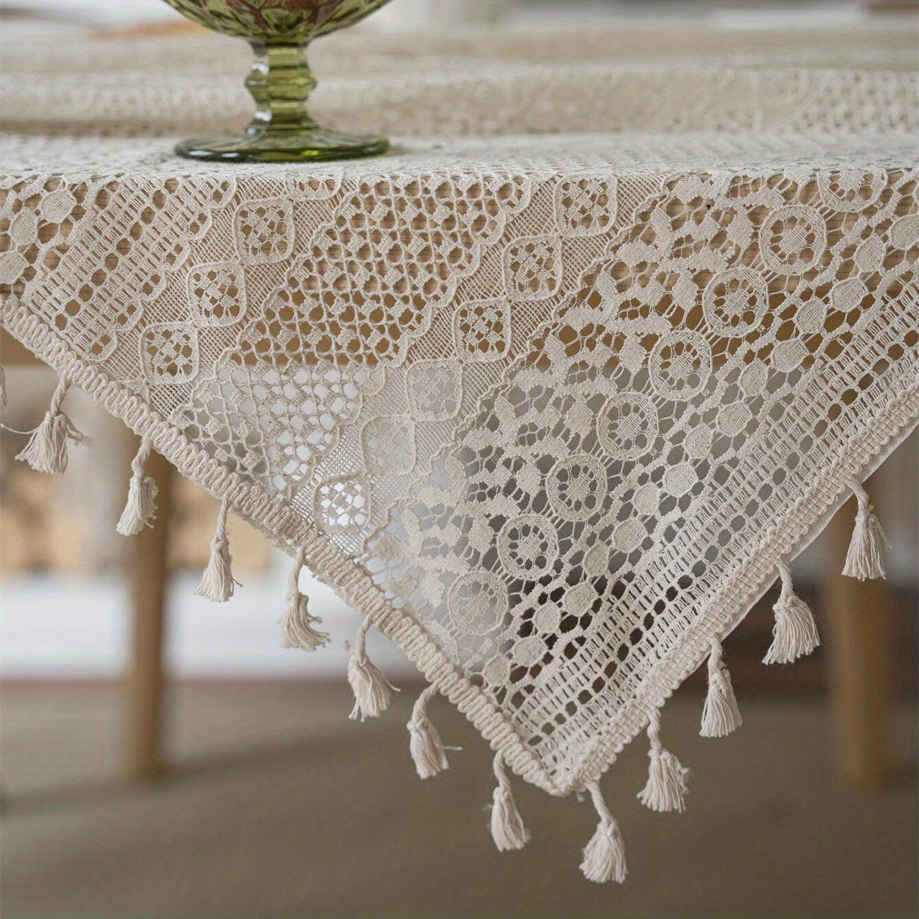 Bohemian Crochet Lace Rectangular Tablecloth for Dining and Parties Polyester Farmhouse Style