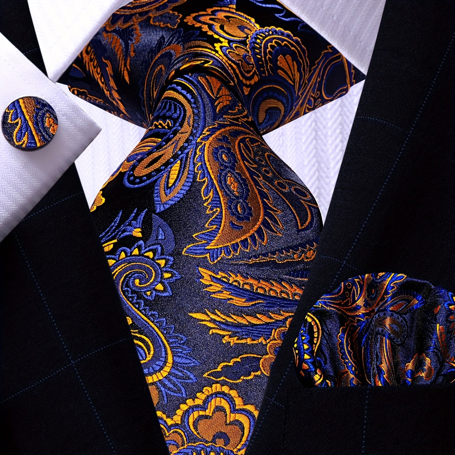 Men's Gold Accessories Set Tie Pocket Square Cufflinks for Weddings Business