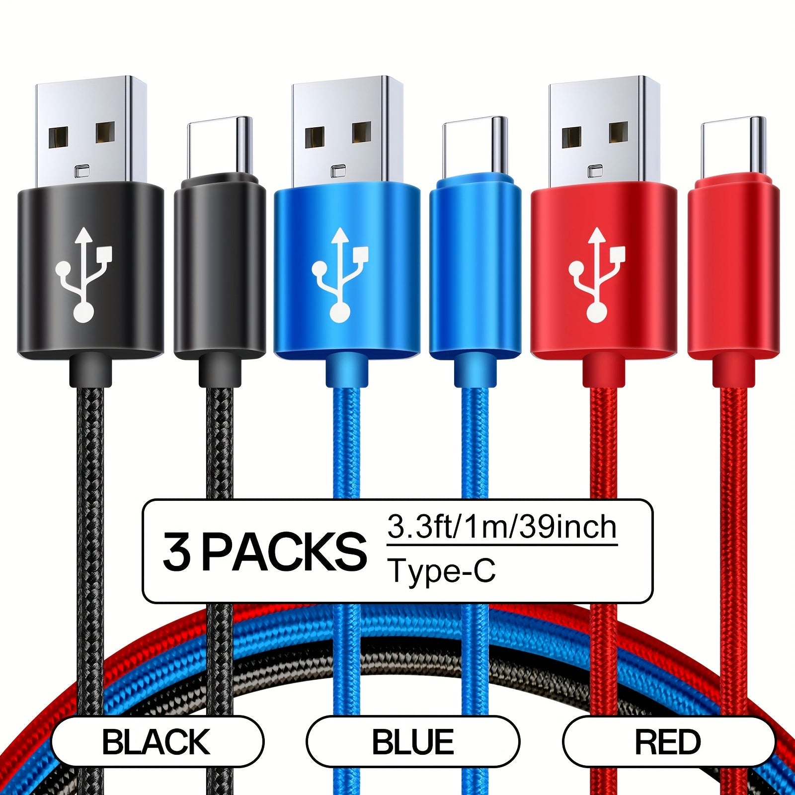 3pcs Nylon Braided USB C Charging Cables Fast Data Transfer for Samsung Google Pixel LG Sony Oppo Moto