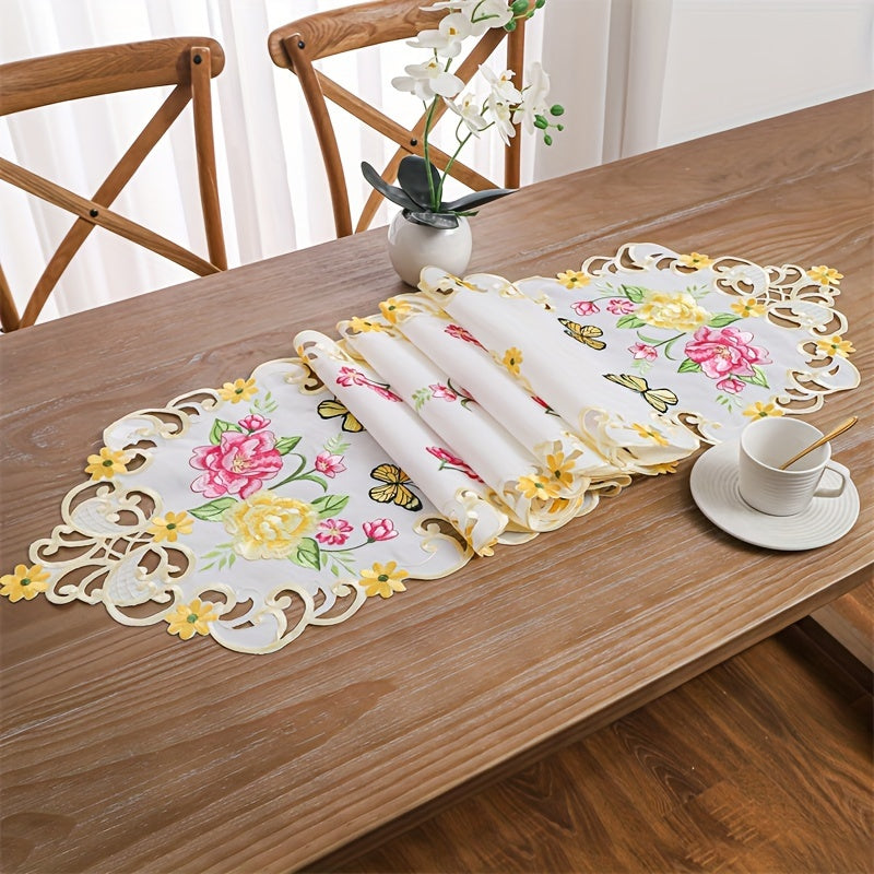 Polyester Table Runner with Hand-Cut Embroidered Flowers and Butterflies White Floral Decor