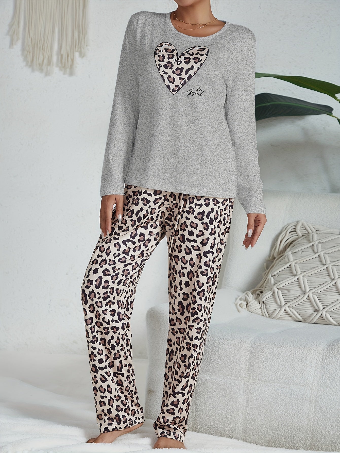 Women's Pajama Set with Long Sleeve Heart Print Top and Leopard Pattern Pants in Polyester