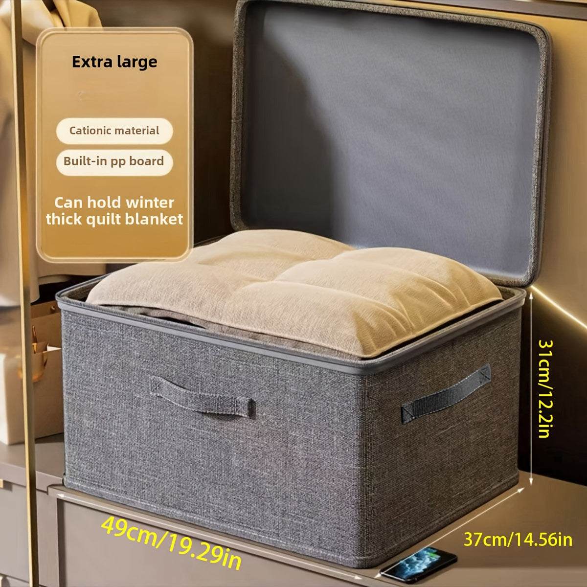 Fabric Collapsible Storage Box with Zipper Lid Handles for Wardrobe Organization Black