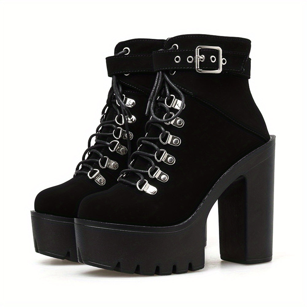 Women's Black Platform Block Heel Ankle Boots, Lace Up Buckle Strap, Fashion Party Motorcycle Style