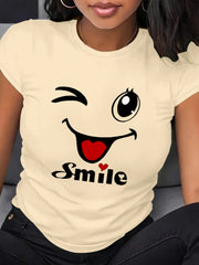 Plus Size Women's Cartoon Face T-Shirt Breathable Short Sleeve Crew Neck