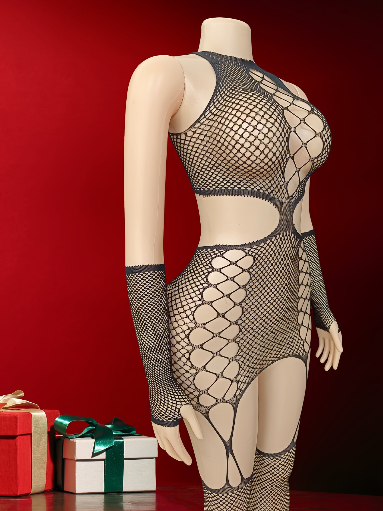 Fishnet Bodysuit with Cutouts and Large Mesh, Matching Socks