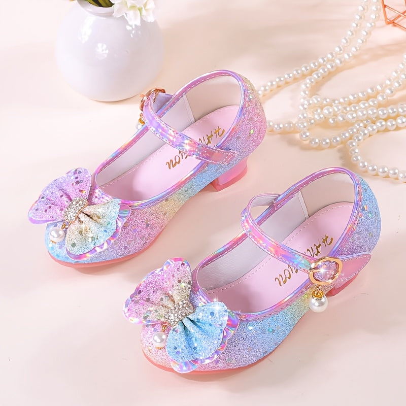 Girls Sequin High Heels with Bowknot Glittery Pastel Colors for Parties and Performances