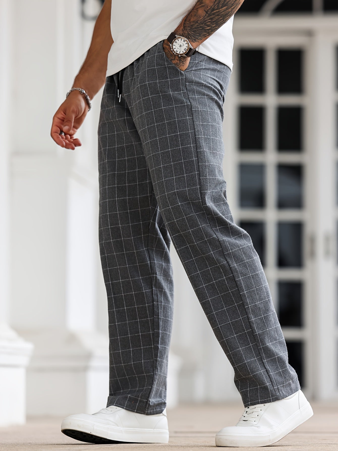Men's Black and White Plaid Sleep Pants with Drawstring Polyester Lounge Casual