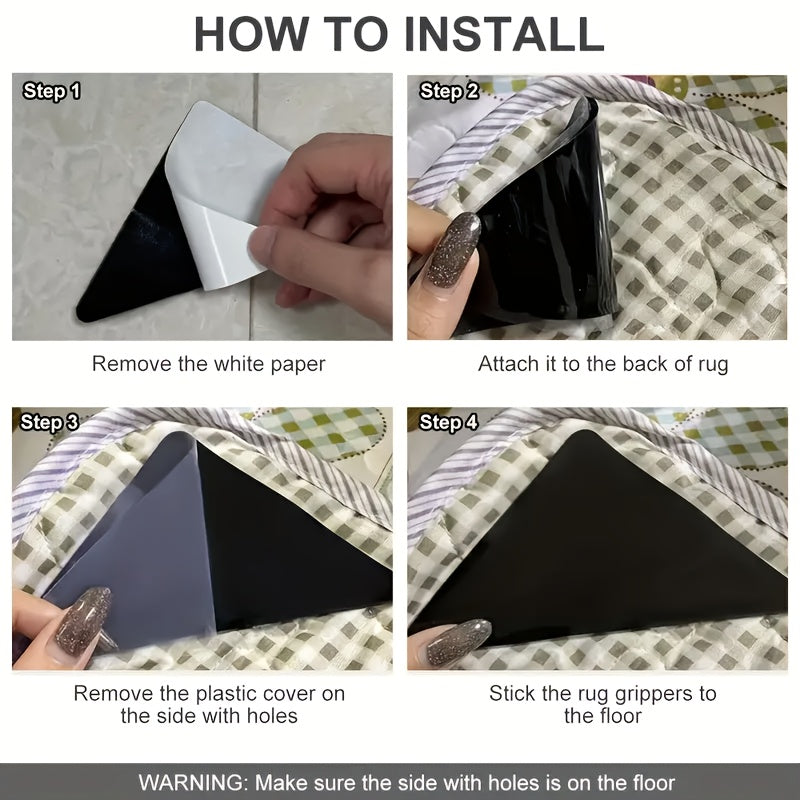 Держатели для ковров из твердой древесины и плитки доступны в наборах по 4, 8, 16, 24 или 40 штук. Эти нескользящие держатели предназначены для ковров, многоразовые и моющиеся. Двусторонний клей гарантирует, что углы останутся ровными.